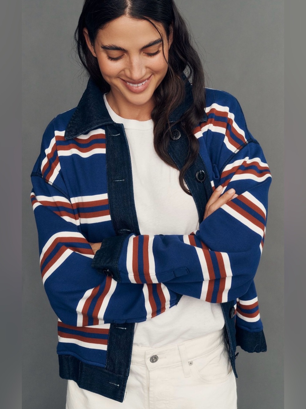 NWT - Maeve by Anthropologie Denim Trimmed Collared Cardigan in Blue Stripe